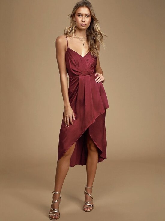Lulus Dresses & Skirts - NWT Lulus Just a Dash Burgundy Satin High-Low Midi Dress (size XS)